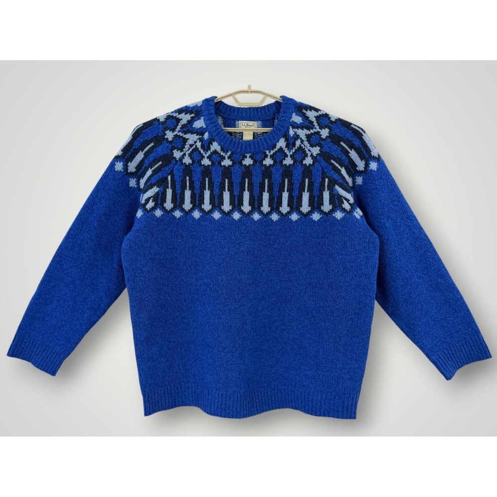 L.L.Bean Mens 3XL Blue Lambswool Fair Isle Ski Sweater Heavy‎ Knit